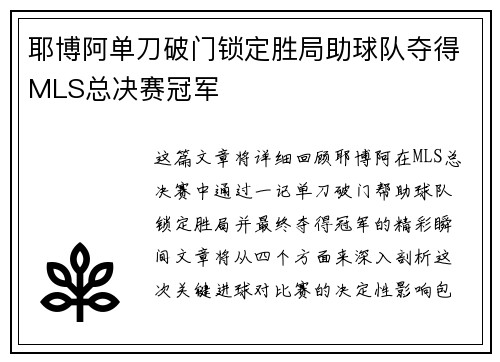 耶博阿单刀破门锁定胜局助球队夺得MLS总决赛冠军